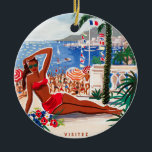 Vintage Cote D'Azur Beach Girl Keramik Ornament<br><div class="desc">Vintage französische und europäische Reisewerbung - Strand,  Dorf,  Menschen,  blaues Meer und Himmelsdarstellung</div>