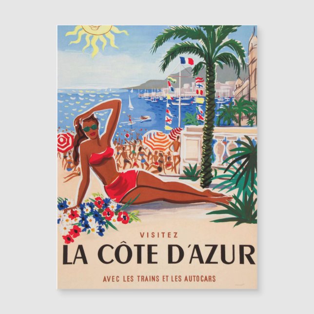 Vintage Cote D'Azur Beach Girl Magnetkarte (Vorderseite)