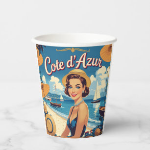 Vintage Cote D'Azur Beach Girl Pappbecher