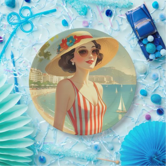 Vintage Cote D'Azur Beach Girl Pappteller (Party)