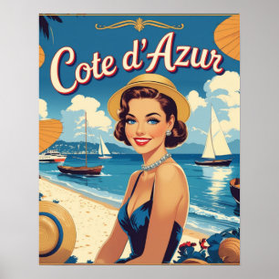 Vintage Cote D'Azur Beach Girl Poster