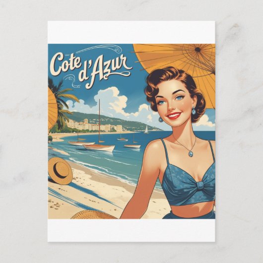Vintage Cote D'Azur Beach Girl Postkarte (Vorderseite)