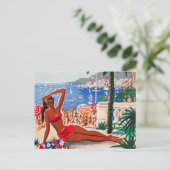 Vintage Cote D'Azur Beach Girl Postkarte (Stehend Vorderseite)