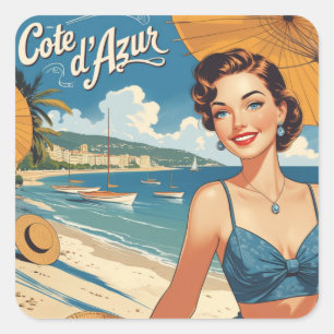 Vintage Cote D'Azur Beach Girl Quadratischer Aufkleber