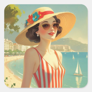 Vintage Cote D'Azur Beach Girl Quadratischer Aufkleber
