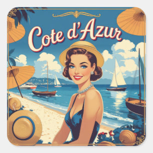 Vintage Cote D'Azur Beach Girl Quadratischer Aufkleber