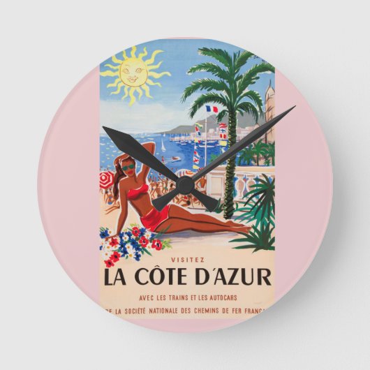 Vintage Cote D'Azur Beach Girl Runde Wanduhr (Vorderseite)