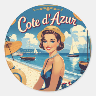 Vintage Cote D'Azur Beach Girl Runder Aufkleber