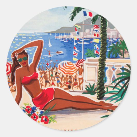 Vintage Cote D'Azur Beach Girl Runder Aufkleber (Vorderseite)