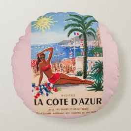 Vintage Cote D'Azur Beach Girl Rundes Kissen