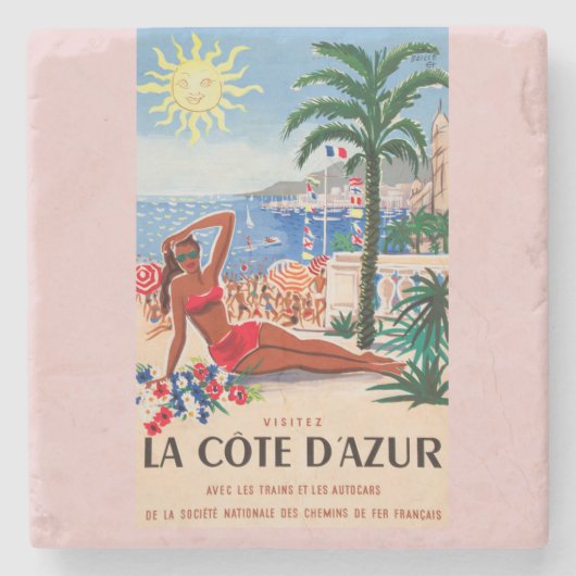 Vintage Cote D'Azur Beach Girl Steinuntersetzer (Vorderseite)