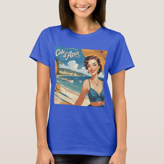 Vintage Cote D'Azur Beach Girl T-Shirt (Vorderseite)