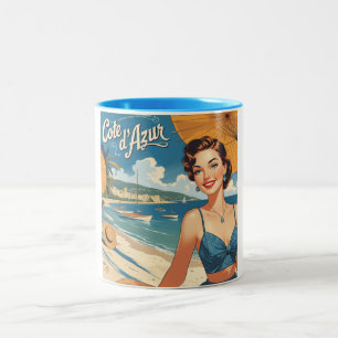 Vintage Cote D'Azur Beach Girl Zweifarbige Tasse