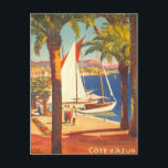 Vintage Côte d'Azur Postkarte<br><div class="desc">Besondere Vintage europäische Reisewerbung - Strand,  Dorf,  Menschen,  Palmen,  blaues Meer und Himmelsbild</div>