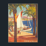Vintage Côte d'Azur Postkarte<br><div class="desc">Besondere Vintage europäische Reisewerbung - Strand,  Dorf,  Menschen,  Palmen,  blaues Meer und Himmelsbild</div>