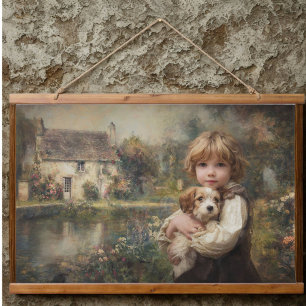 Vintage Cottage Kind mit Welpe Poster Wandteppich Mit Holzrahmen