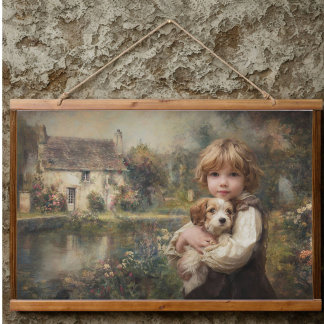 Vintage Cottage Kind mit Welpe Poster Wandteppich Mit Holzrahmen