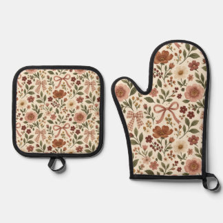 Vintage Cottagecore Blumenband Stoff | Romantisch Ofenhandschuh & Topflappen-Set