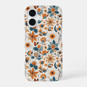 Vintage Cottagecore Botanische Orange Blaue Blumen iPhone 16 Hülle