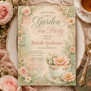 Vintage Cottagecore Pastell-Garten-Teeparty Einladung