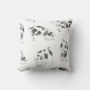 Vintage Cottagecore-Schwein LineArt Minimalist Mus Kissen