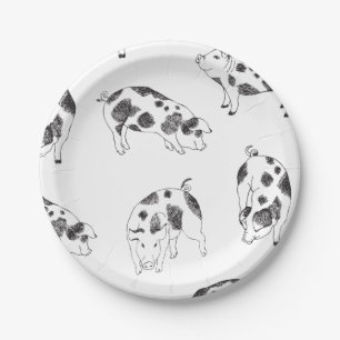 Vintage Cottagecore-Schwein LineArt Minimalist Mus Pappteller