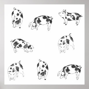 Vintage Cottagecore-Schwein LineArt Minimalist Mus Poster