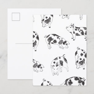 Vintage Cottagecore-Schwein LineArt Minimalist Mus Postkarte