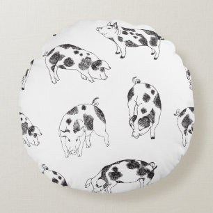 Vintage Cottagecore-Schwein LineArt Minimalist Mus Rundes Kissen