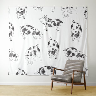Vintage Cottagecore-Schwein LineArt Minimalist Mus Wandteppich