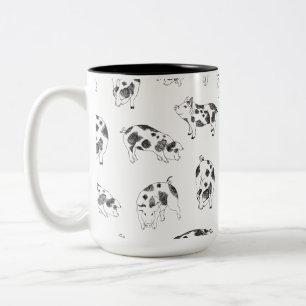 Vintage Cottagecore-Schwein LineArt Minimalist Mus Zweifarbige Tasse