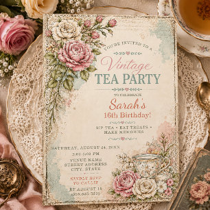 Vintage Cottagecore Vintage Sweet 16 Tee-Party Einladung