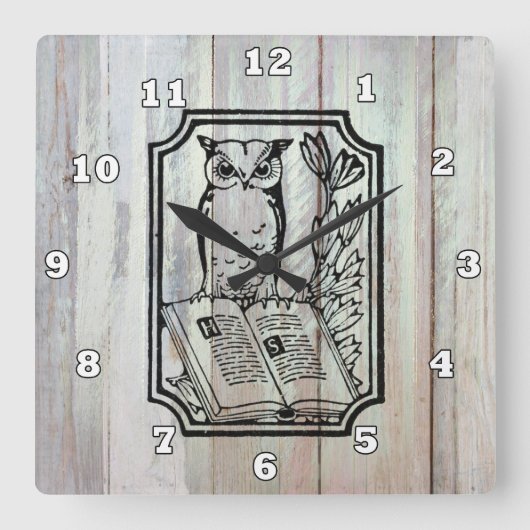 Vintage Country owl book lovers clock Quadratische Wanduhr (Vorderseite)