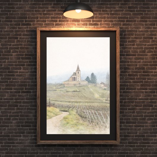 Vintage Countryside Church Sketch – Rustic Vineyar Poster