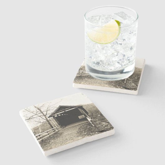 Vintage Covered Bridge Steinuntersetzer (Seitenansicht)