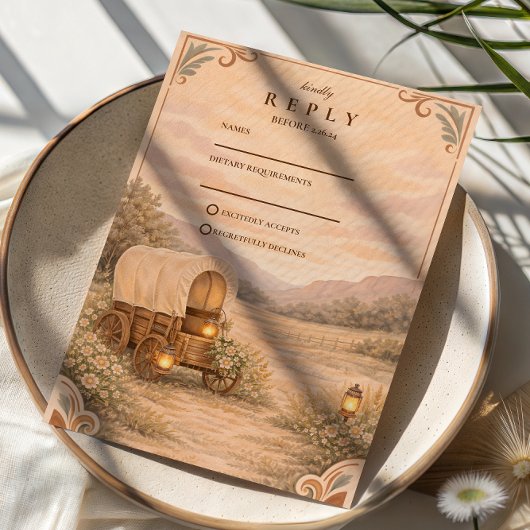 Vintage Covered Wagon Meadow Wedding RSVP Karte