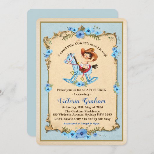 Vintage Cowboy-Baby-Duschen-Einladungs-blaues Einladung (Vorne/Hinten)