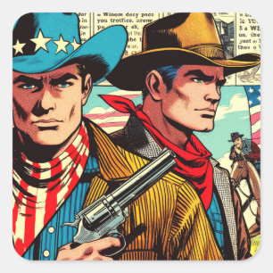 Vintage Cowboy-Comicen Quadratischer Aufkleber