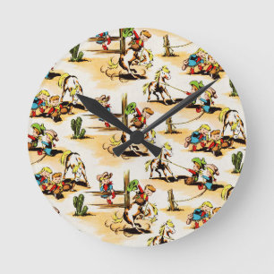 Vintage Cowboy Cowgirl Country Kinder Pony Kaktus Runde Wanduhr