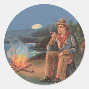 Vintage Cowboy mit Lagerfeuer und Mond Runder Aufkleber