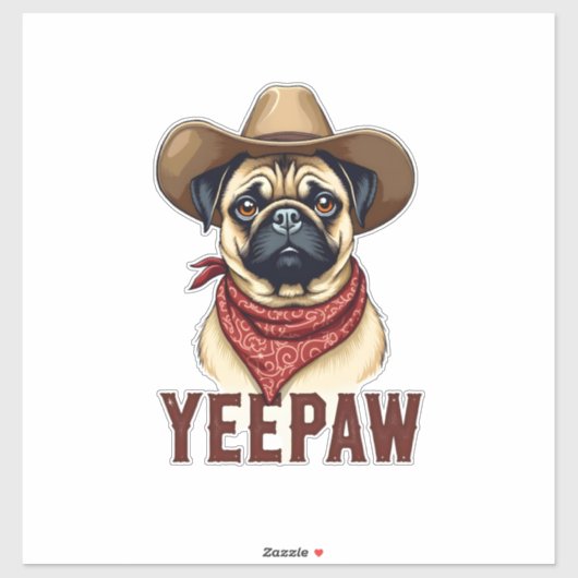 Vintage Cowboy Pug YeePaw Western Dog Illustration Aufkleber (Blatt)