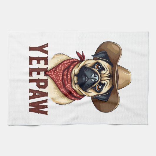 Vintage Cowboy Pug YeePaw Western Dog Illustration Geschirrtuch (Horizontal)