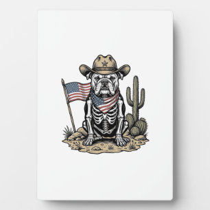 Vintage-Cowboy-Skelett-Hund-patriotisches-Shirt-De Fotoplatte