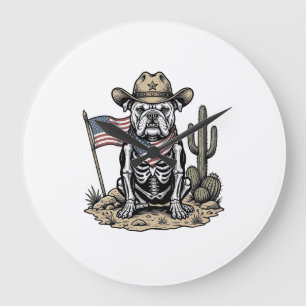 Vintage-Cowboy-Skelett-Hund-patriotisches-Shirt-De Große Wanduhr