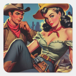 Vintage Cowboy und Cowgirl Quadratischer Aufkleber