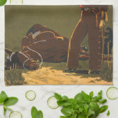 Vintage-Cowboy- und Pferde-Sonnenuntergangs-Wester Geschirrtuch (Gefaltet)