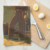 Vintage-Cowboy- und Pferde-Sonnenuntergangs-Wester Geschirrtuch (Viertel Falte)