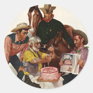 Vintage Cowboys, glücklich zum Geburtstag, Party T Runder Aufkleber