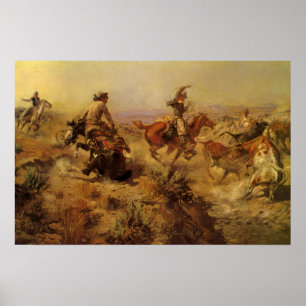 Vintage Cowboys, Jerked Down by CM Russell Poster