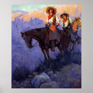 Vintage Cowboys, Mann und Frau auf Pferden, Anders Poster